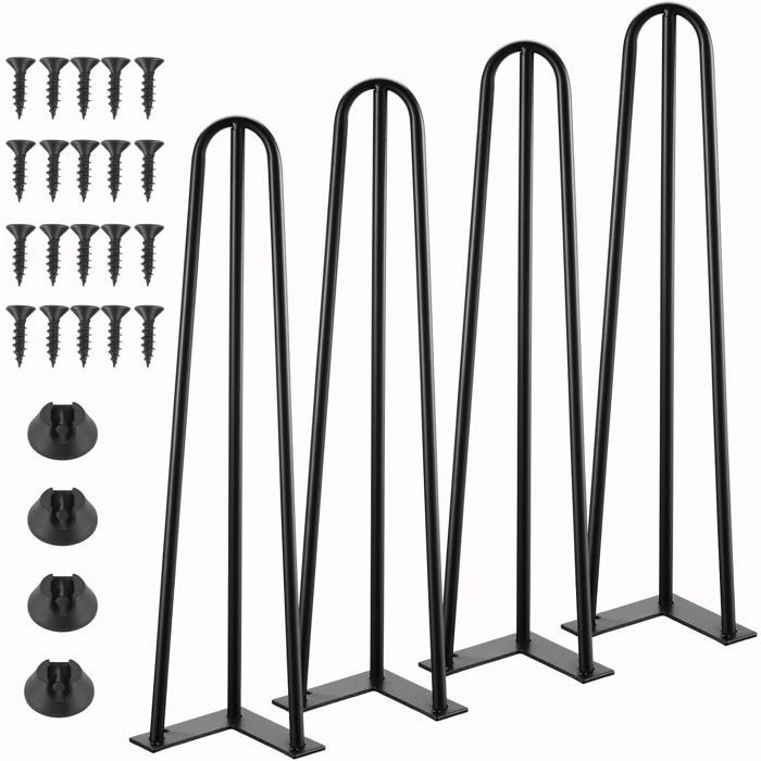 Pieds de table hairpin 35 cm métal noir - 4 pièces - 3 barres de fourche réglables acier satiné
