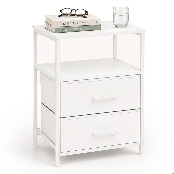 Relaxdays Table de chevet blanche lot de 1 2 tiroirs en tissu & étagères H x L x P : 61 x 38 x 28 cm