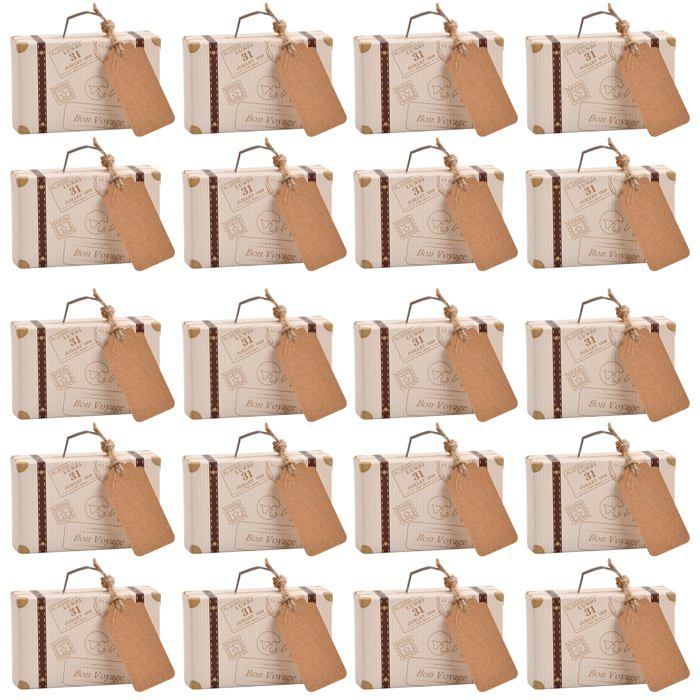 Lot de 50 Mini Boîtes Valise Papier Kraft Vintage Coffret Mariage Dragées avec Étiquettes Ficelle Aucunely