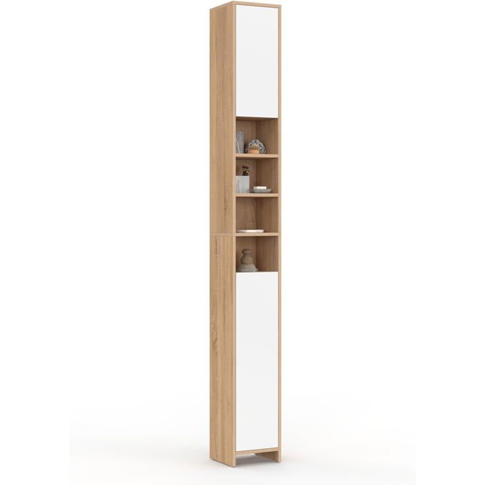 IDMarket Meuble Colonne Salle de Bain TOMI 2 Portes et 4 Niches Hêtre et Blanc 20x20x170 cm