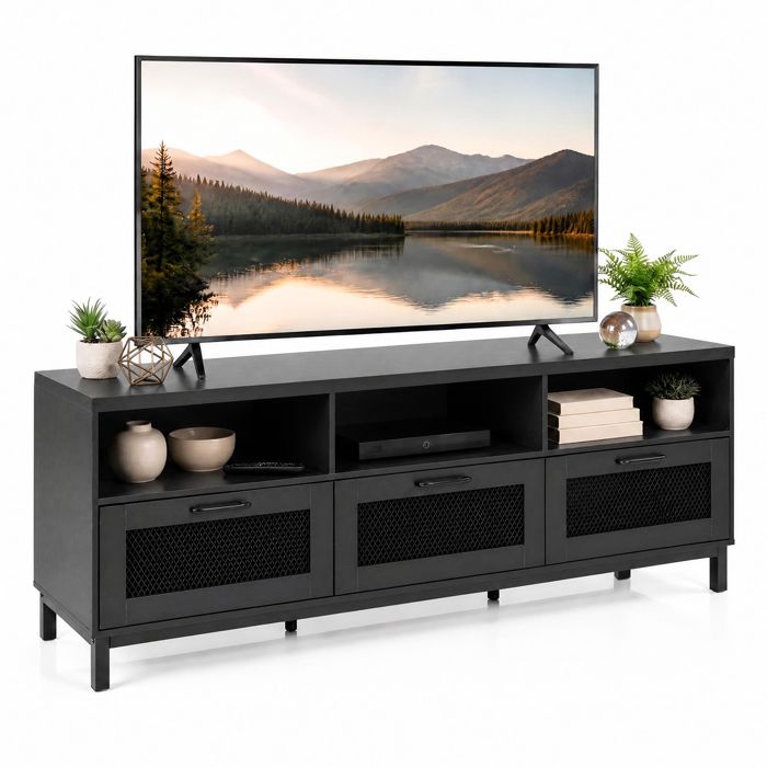 COSTWAY 75 Meuble TV avec 3 Tiroirs en Maille et 3 Niches Ouvertes Pieds en Métal pour Salon Chambre Noir