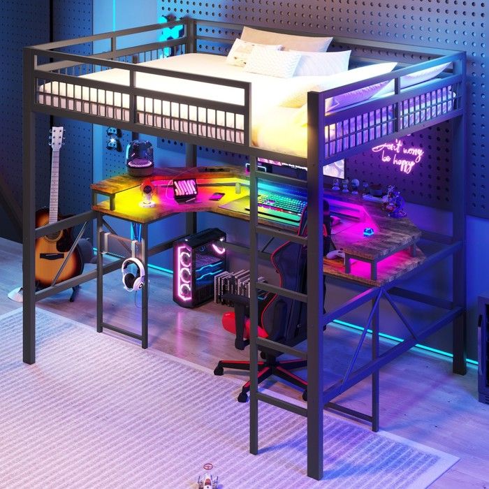 Lit mezzanine 140x200 cm cadre métal noir éclairage LED avec ports USB type C prise courant bureau planche perforée sans matelas Lit mezzanine 140x200 cm cadre métal noir éclairage LED avec ports USB type C prise courant bureau planche perforée sans matelas
