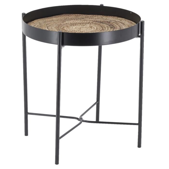 table d'appoint - aubry gaspard - ronde en métal noir et jonc teinté - pliable - diamètre 40 cm