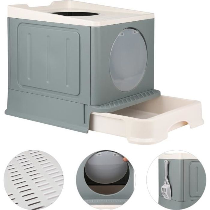 Bac à Litière Fermé pour Chat - LEIBEIKA - Plateau Amovible - Blanc - Petit - A monter soi-même