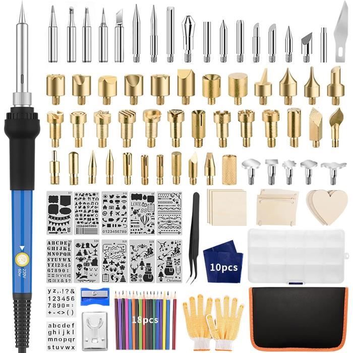 WEP 939D-VII Kit De Pyrogravure 2-en-1 84-en-1 Avec Pyrograveur Sur Bois, 51 Pointes Solides, 23 Pointes Fines, 2 Pochoirs, 6 Bois Bruts, Support Stylo Pyrograveur Bois (prise UE