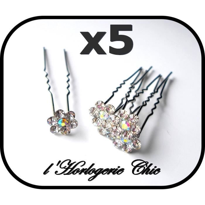 5 EPINGLES CHEVEUX STRASS MARIAGE BIJOUX PIC FLEUR CHIGNON ARGENT PINCE DIADEME
