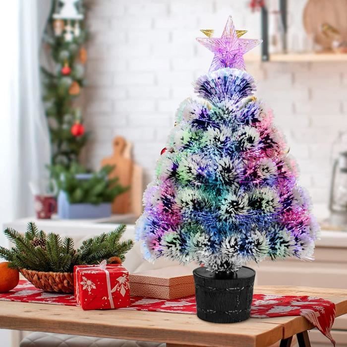 Petit Sapin de Noël en Fibre Optique de Table, Mini Sapin de Noël Artificiel préilluminé floqué