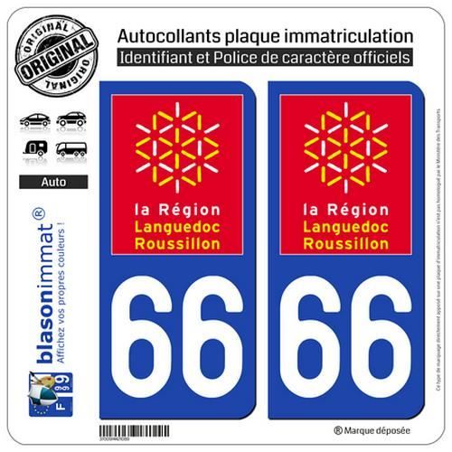 2 Stickers autocollant plaque immatriculation 66 Languedoc Roussillon LogoType