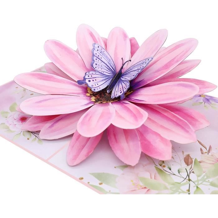 Carte popup d'anniversaire papillon violet, panier de fleurs