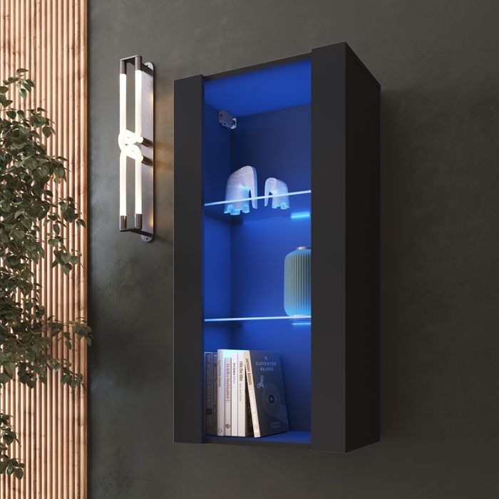 Vitrine Murale Komodee TIVOLI - LED bleues - Noir - Facades en Mat - 50 x 100 x 29 cm
