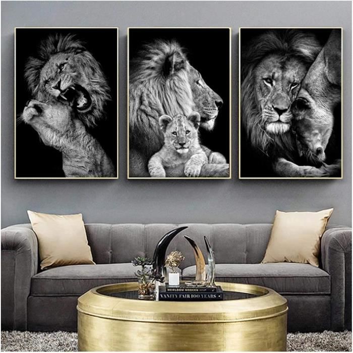 Mode Toile Art Noir Blanc Animaux Lions Peinture mâle Femelle et lionceau  Affiches et Impressions Salon décor Mur Photo Pas de - Cdiscount Maison