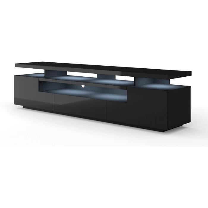 Meuble TV Eva sideboard 195x42x51cm avec tiroir Armoire Hi-fi Noir Corps mat facade brillant avec LED