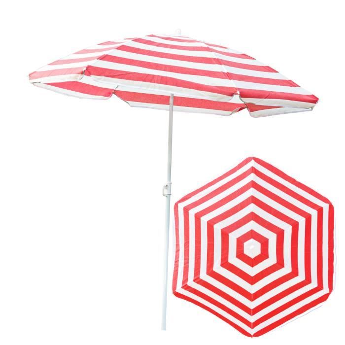 Parasol de jardin Matériau Toison TNT - acier Couleur Rayures rouge-blanc D 135 cm H 180 cm plage touristique pliable