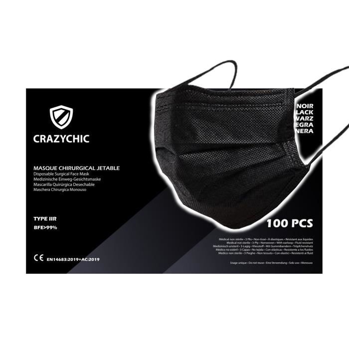 CRAZYCHIC - x100 Masque Chirurgical Médical NOIR Type IIR