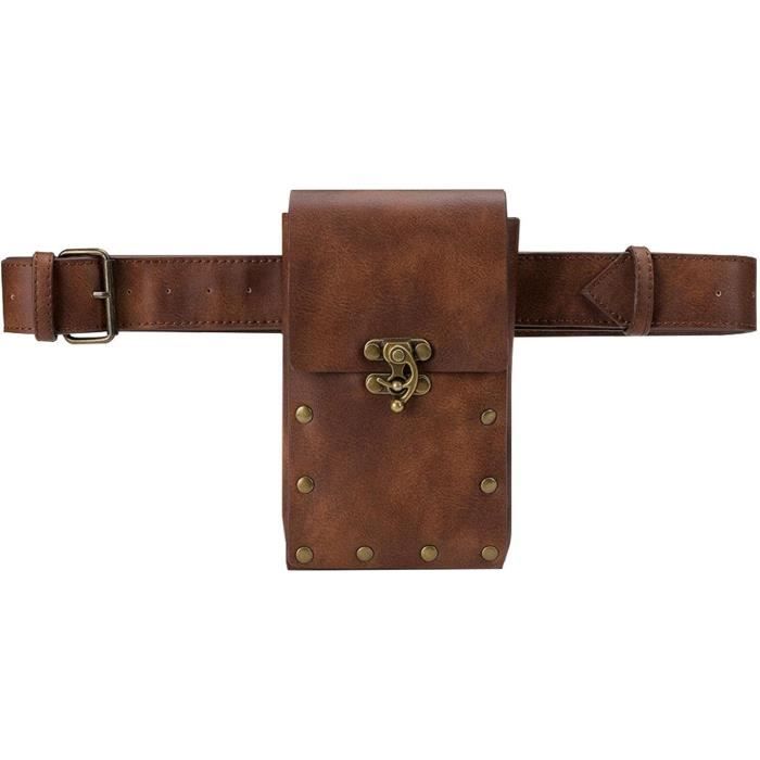 Sac Banane Médiéval En Feutre De Laine - Modèle Widia, Marron, Bouton Corne, Doublure Coton - 6