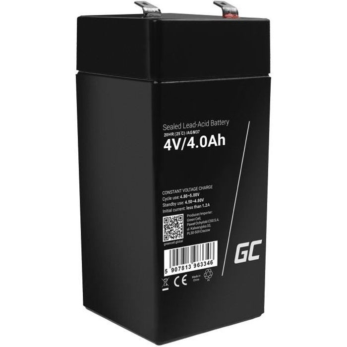 GreenCell® Rechargeable Batterie AGM 4V 4Ah accumulateur au Gel Plomb Cycles sans Entretien VRLA Battery étanche Résistantes