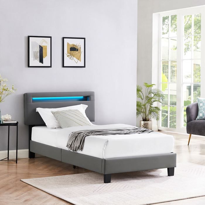 Lit LED simple EVAN 90x190 cm, avec sommier, rev&ecirc;tement en synth&eacute;tique gris