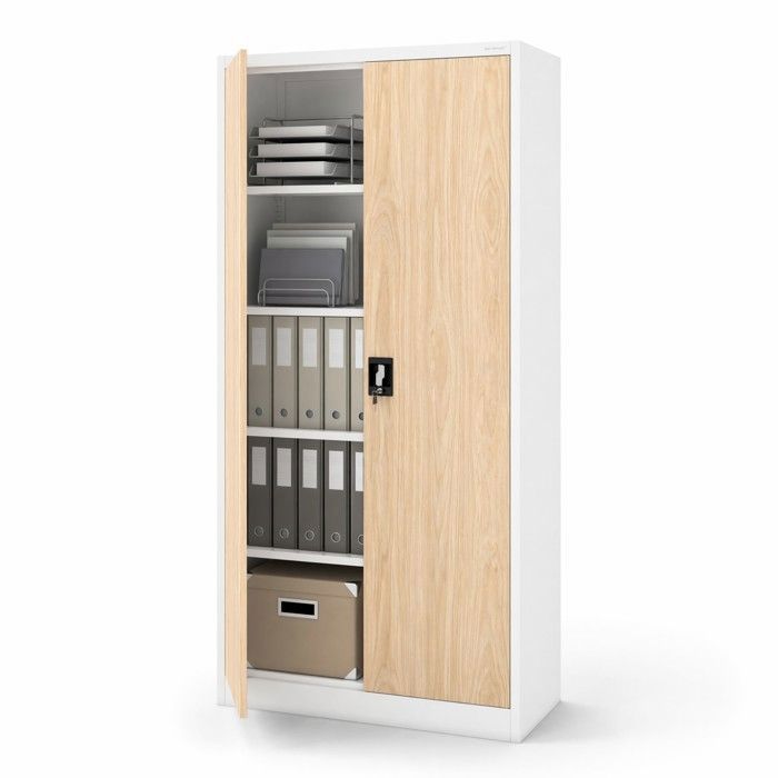 Armoire de Bureau métallique 4 étagères tôle dacier revêtement en Poudre 185 cm x 90 cm x 40 cm (Blanc/Imitation Bois)