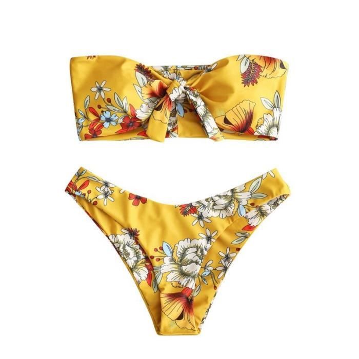 ZAFUL Bikini Set Bandeau Femme Coupe Haute Maillot de Bains 2 pièces Noeud de Cravate Imprimé Floral sans Bretelles Vintage