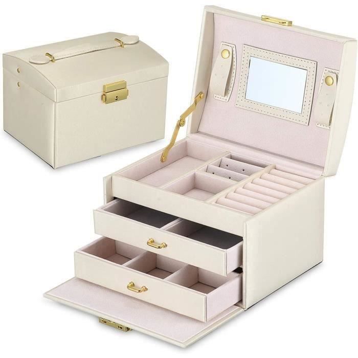Jeffergarden,Mallette De Rangement De Bijoux En Cuir PU à 3 Niveaux Support De Boite Dexposition Organisateur Avec Miroir Noir 83961945