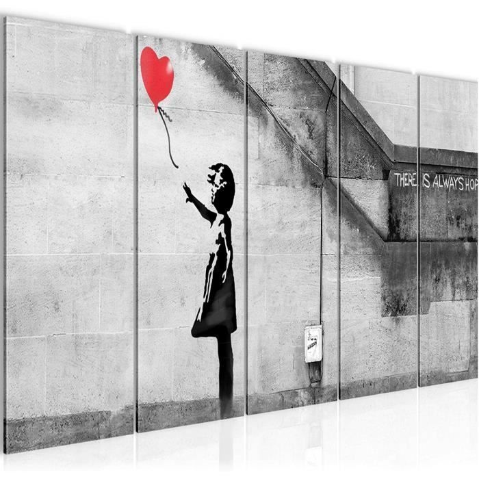 Impression sur Toile intissée Banksy 200x80 cm 5 Pieces Tableau Mural Image sur Toile Photo Images Motif Moderne Decoration tendu sur Chassis Street Art Brique Gris decomonkey