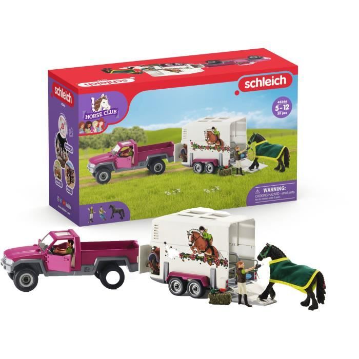 pick-up avec remorque pour cheval, coffret schleich avec 38 éléments dont 1 cheval schleich inclus, coffret figurines pour enfants