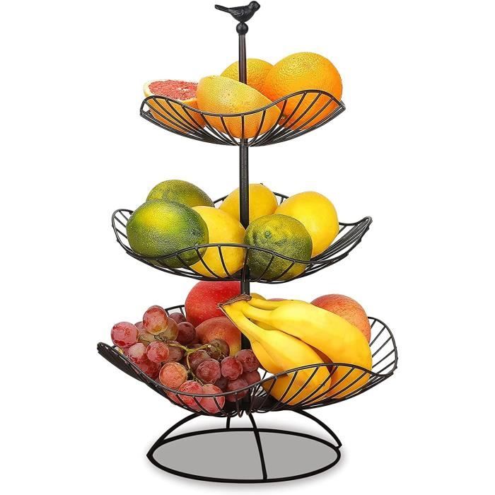 Corbeille à Fruits 3 étages Noire Avec Poignée En Bois - Grand Modèle - Idéale Pour Rangement Cuisine Ou Décoration