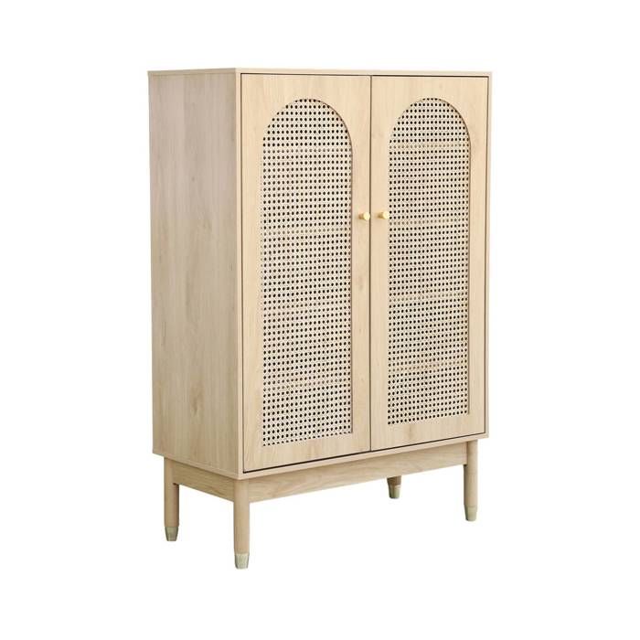 Meuble à chaussures / Petit buffet 2 portes cannage JUDITH. 20 paires de chaussures. 4 étagères. pieds en bois dhévéa avec caps