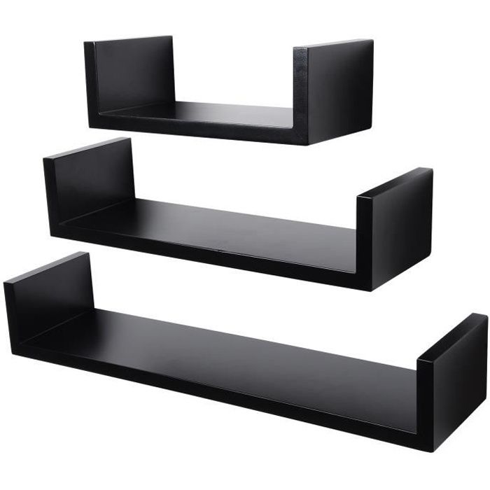WOLTU Lot de 3 Etagères murale - Bois MDF - Noir - Epaisseur de 2 cm