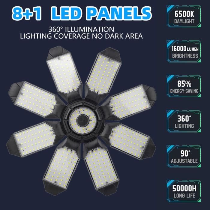 60W LED Lumière Garage Deformable Éclairage de Plafond avec 4 Panneaux  Réglables pour Atelier Sous-sol Garage Grange Entrepôt [138] - Cdiscount  Maison