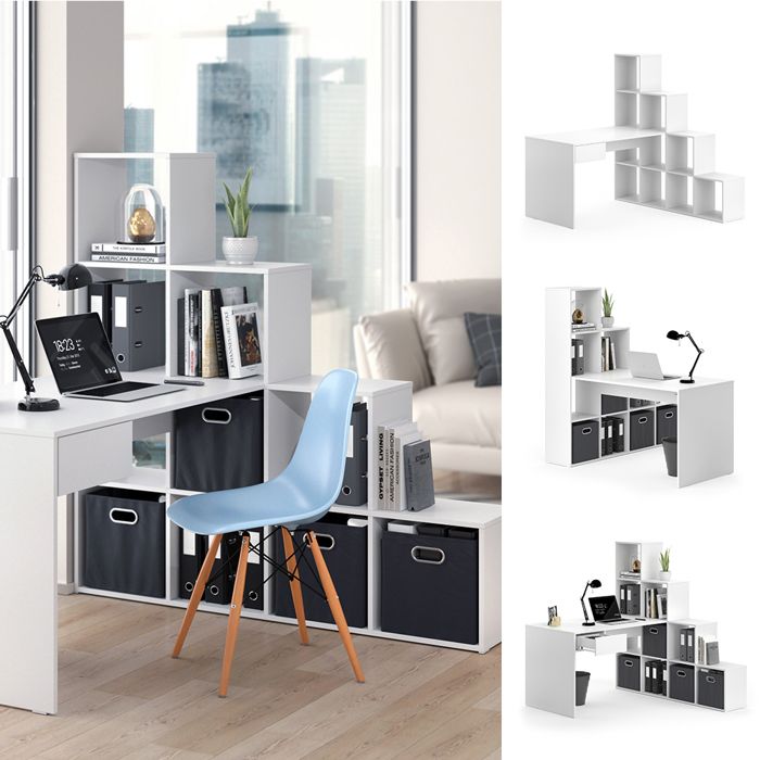 Bureau D'ordinateur Vicco Emir Blanc Avec 6 Tiroirs, Tablette Et étagère