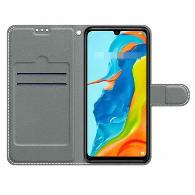 Housse étui Portefeuille Pour Huawei P30 Lite - Cuir PU + Jean, Aimant, Slots Cartes, Fonction Stand - Bleu Profond - 11