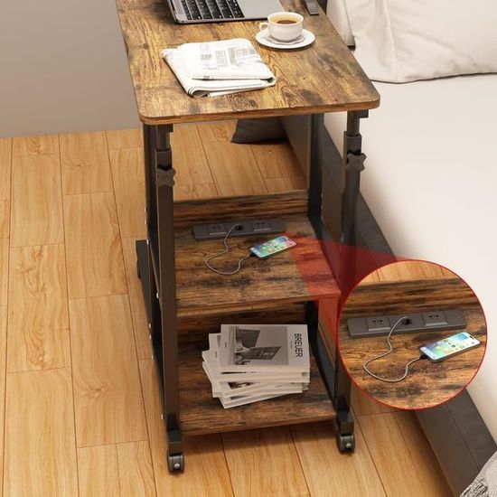 WOLTU Table Basse en Forme de C, Table d'Appoint avec roulettes, Bout de Canapé, Hauteur Réglable, Marron Rustique+Noir W0ATT0299 - Maison