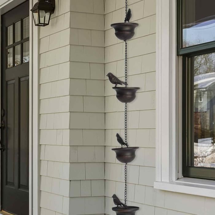 Chaîne De Pluie Pour Gouttière Avec Oiseaux Et Tasses - Carillon D'Eau 2,4m Décoration Extérieure Jardin Et Maison