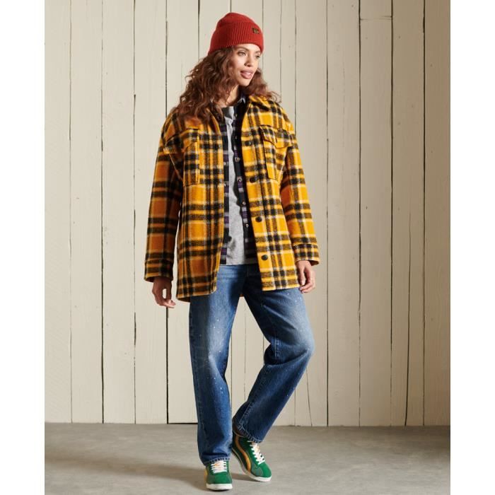 Veste surchemise femme en laine melangee Superdry Jaune a carreaux Coupe oversize Manches longues Jaune a carreaux Cdiscount Sport