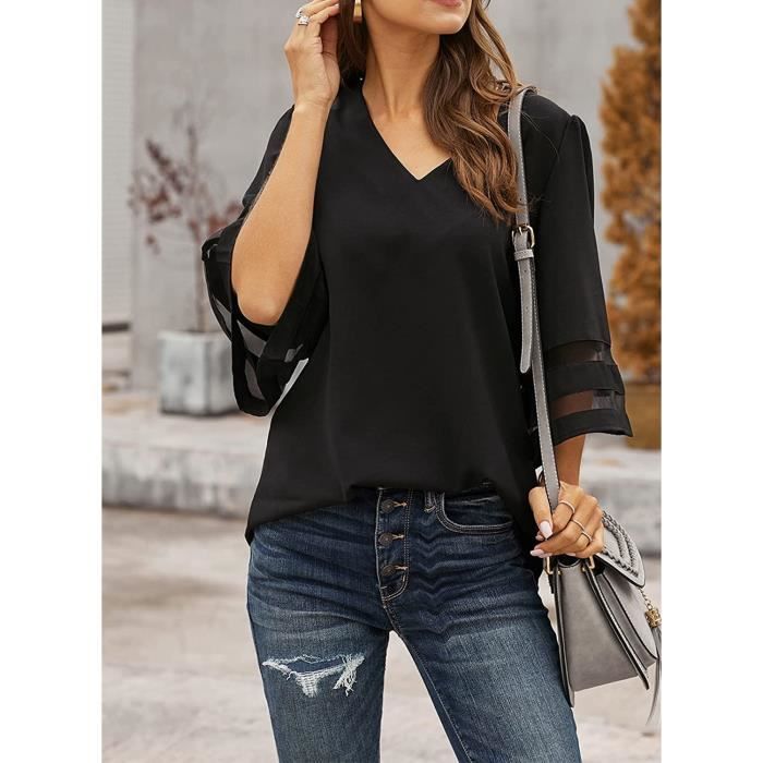 Blouse Femme Haut Elegant Tunique Chic Top Fluide Chemise Mode noir