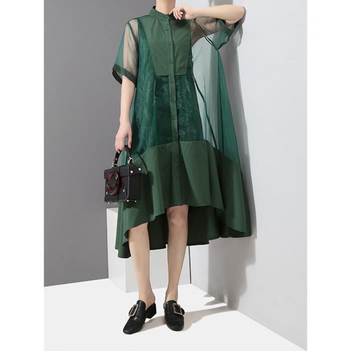 Robe EAM Robe chemise irreguliere en organza vert pour femme col montant demi manches adt fit mode maree printemps green D1298 Blanc Cdiscount Pret a Porter