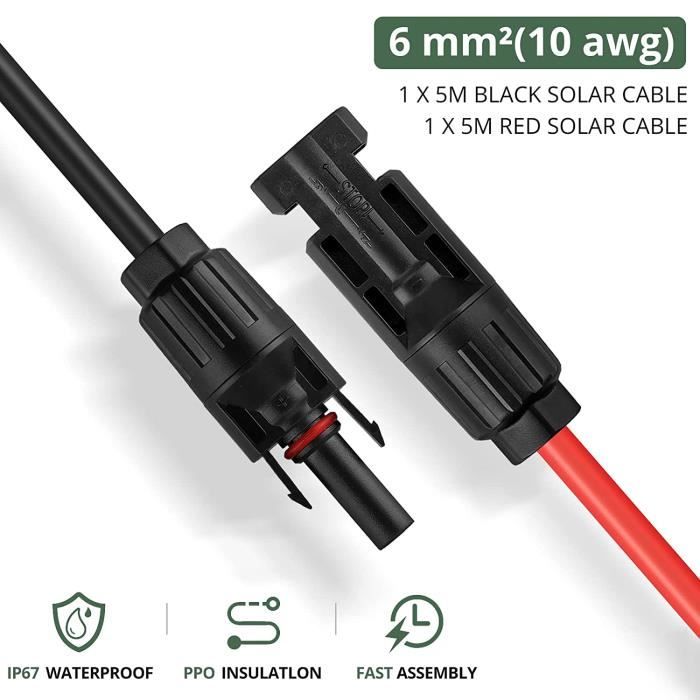 EYPINS 5m Cable d'Extension 6 mm2-10 AWG pour Panneau Solaire