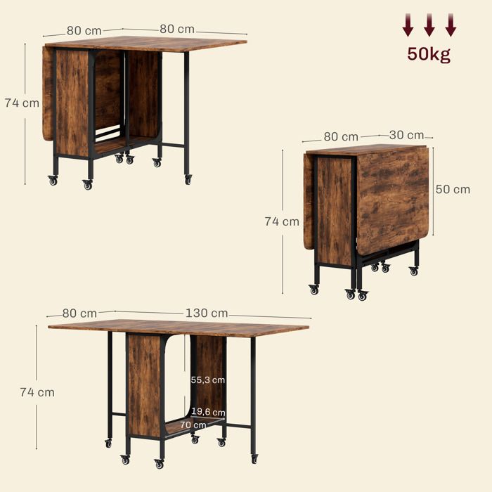 HOMCOM Table Pliante De Cuisine Salle à Manger Amovible Sur Roulettes 75 X 140 X 74 Cm Coloris Chene Et Noir~1k9sts0g8c800