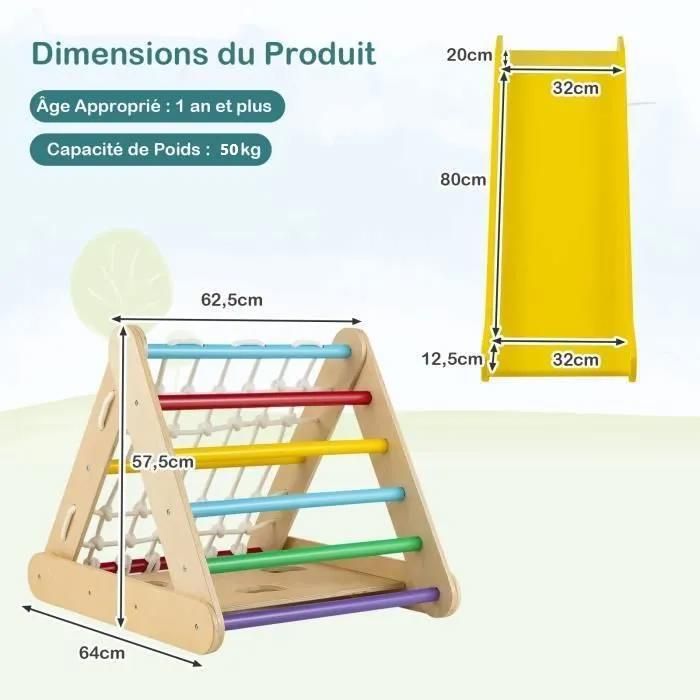 DREAMADE Échelle d'Escalade avec Triangle/Arche/Rampe pour Enfants de 1 Ans, Aire de Jeux Éducatif en Bois pour Garçons et Filles, Convient à Maternelle, Maison (Multicolore