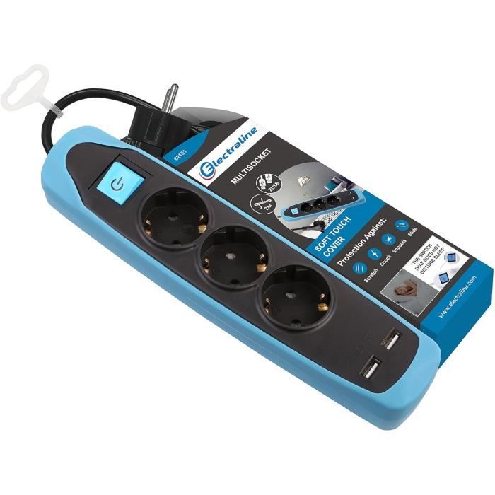 Bloc Multiprises 5 Prises + 2 Ports USB - 2 Mètres - Bleu - Vendeur Français