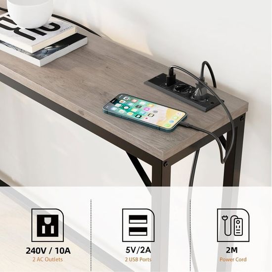 Petite Console Table Console étroite Avec Prise Et Port USB - 100 X 23 X 80 Cm Table Console Table De Canape Etroite Avec Cadre Metallique Pour Salon Industriel Longue Table Pour
