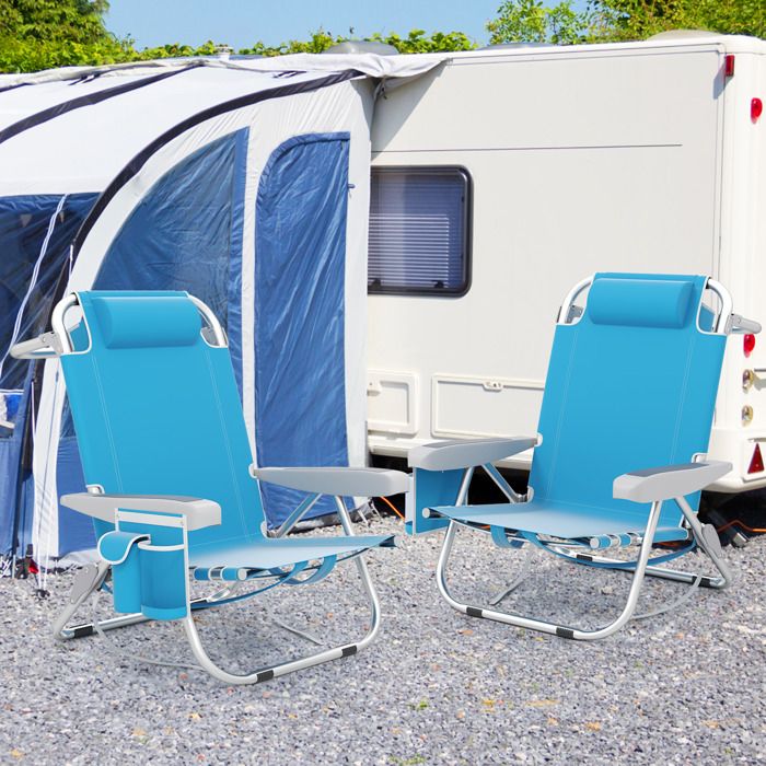 COSTWAY Ensemble Chaise Plage Pliable Avec Table – 5 Positions, Aluminium Léger, Porte-gobelet – Idéal Camping Pêche Randonnée (Bleu)