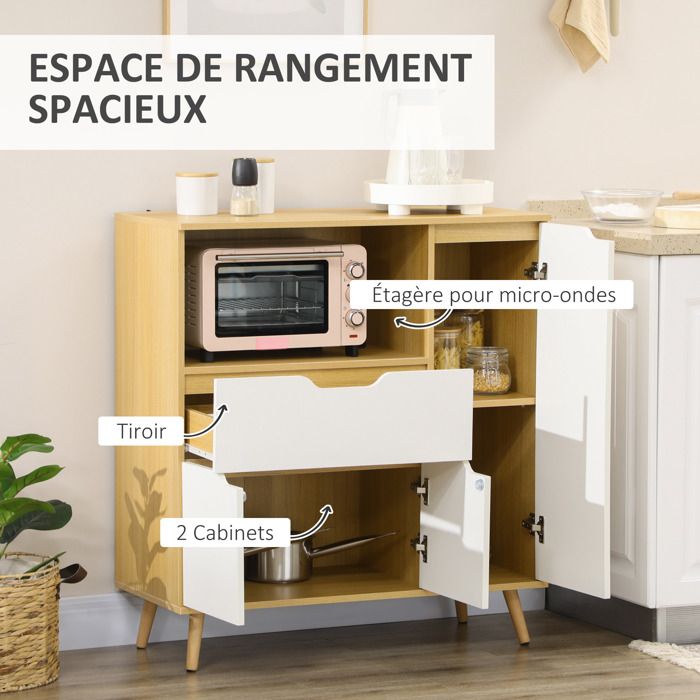 HOMCOM Meuble De Rangement Buffet Cuisine Micro-Ondes - 85 X 40 X 88,5 Cm Naturel Et Blanc - Placards Et Tiroir
