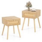 Lot de 2 Table de Chevet COSTWAY-Décoration en Rotin-Tiroir avec Poignée-Table d'Appoint en Bois avec Pied en Pin-Style Naturel