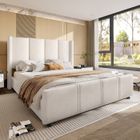 LEYTN Lit rembourré double 160 x 200cm Lit adulte capitonné en velours avec Tête de lit haute Ports USB et Sommier à lattes - beige