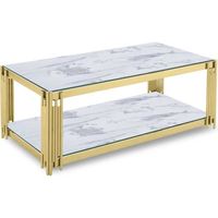 Table basse rectangle en verre effet marbre blanc et pieds en métal doré - LEXIE