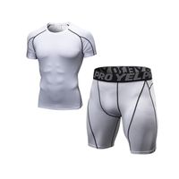 Ensemble de Sport Fitness - HUGO - T-Shirt+Shorts Homme Compression et Collant Stretch Séchage Rapide - Blanc