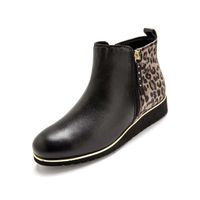 Boots Femme - Marque - Double Glissière - Cuir - Talon Large - Noir/ façon léopard