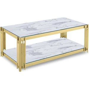 TABLE BASSE Table basse rectangle en verre effet marbre blanc et pieds en métal doré - LEXIE